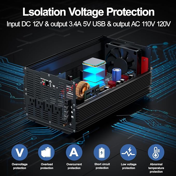 5600W Power Inverter,Peak Power 11200W 12V DC to AC 110120V,Remote Control with 4AC Outlets and3.1USB Port,LCDDisplay for Outdoor Activities,Emergency