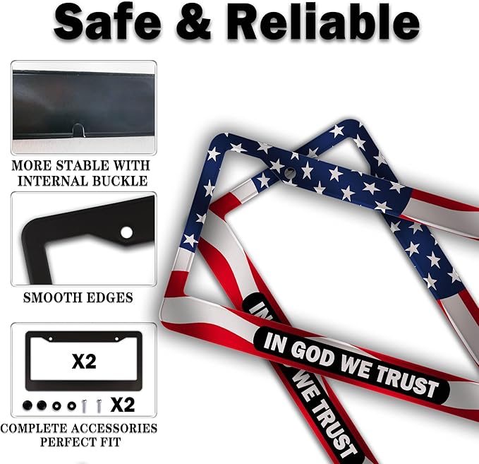 License Plate Frames Multicolor License Plate Holder American Flag in God We Trust Universal Aluminum Car Accessory 2 Pack with Screw Covers Set