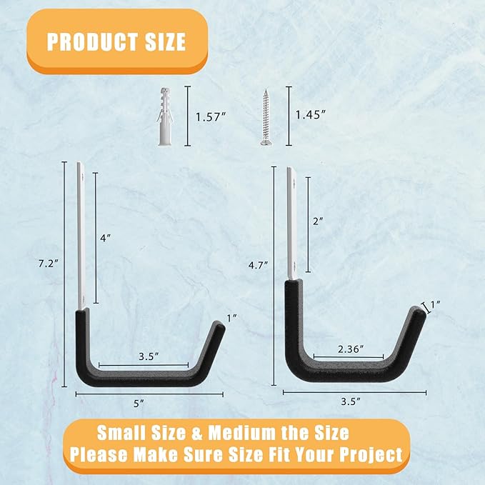 Heavy Duty Utility Hooks - Wall Mount for Garage Storage, Hose & Bike Hangers (2 Small & 2 Medium)