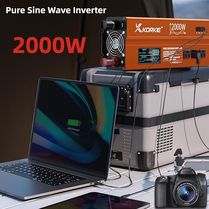 2000W Pure Sine Wave Inverter, Car Power Inverter, 12V DC to 110V, with Type-C, Dual 5.2V/2.4A USB, 3AC Outlets for Home,Camping, RV, Truck, Vehicles