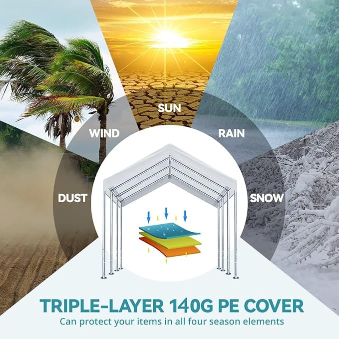 10' x20' Upgraded Carport Replacement Canopy Cover for Car Garage Shelter Party Tent with Ball Bungees White (Only Top Cover, Frame is not Included)