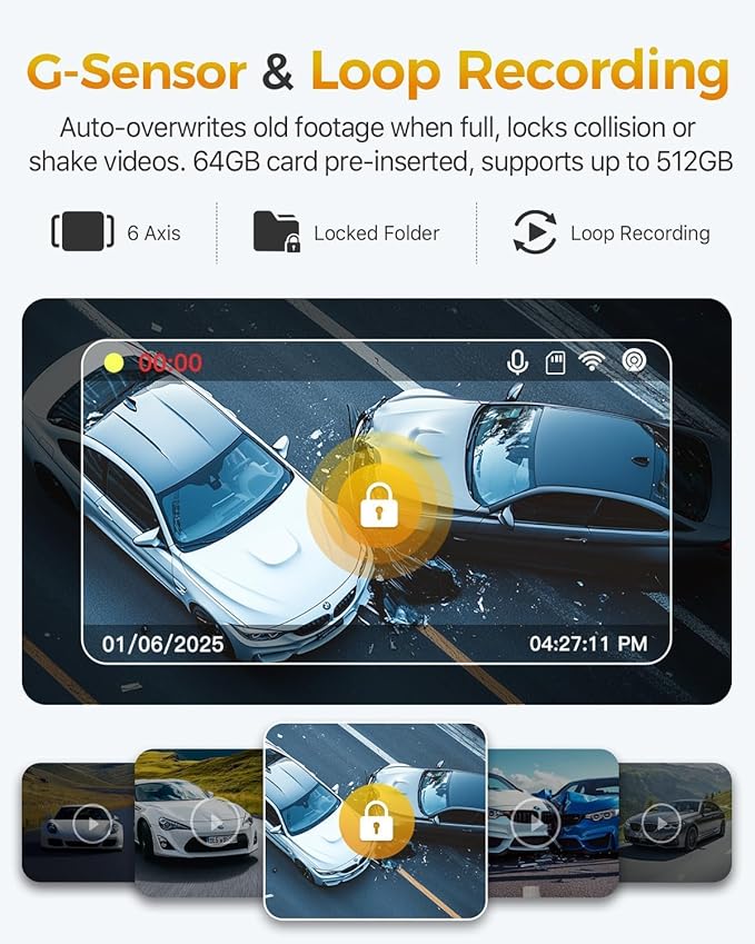 GKU 4K 3 Channel Dash Cam, 5.8GHz WiFi Built-in GPS, 4K+1080P+1080P Dash Cam Front and Rear Inside, 64GB Card Inserted, 24H Park Mode, Triple Car Camera 3 Inch Screen