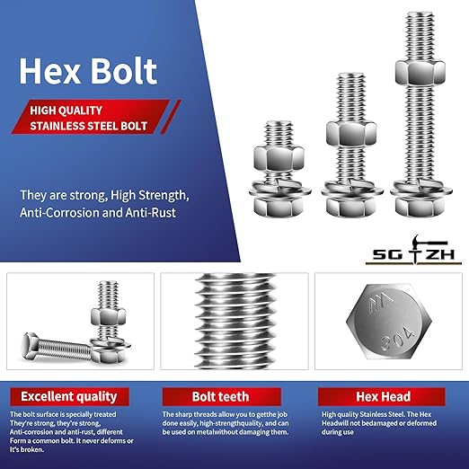 1/4-20 x 6" Hex Head Screw Bolt, Nuts, Flat & Lock Washers, 20Pcs 18-8 (304) Stainless Steel, Fully Threaded, by SG TZH