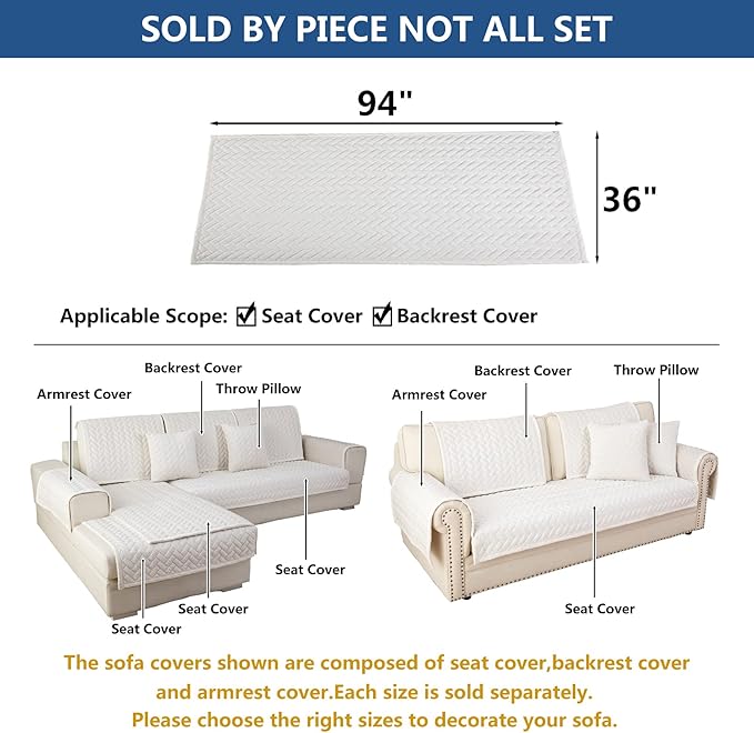 Eismodra Couch Cover,Sectional Couch Covers,Sofa Covers for 3 Cushion Couch,Anti-Slip Sofa Slipcovers for Dogs Cats Kids Loveseat Recliner L Shaped Armrest Backrest,White 36''x94''(Only 1 Piece)