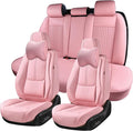 Car Seat Covers Full Set, Front and Rear Seat Covers for Cars, Waterproof Leather Auto Seat Protectors with Head Pillow, Car Seat Cushions Fit for Most Sedans SUV Pick-up Truck, Pink