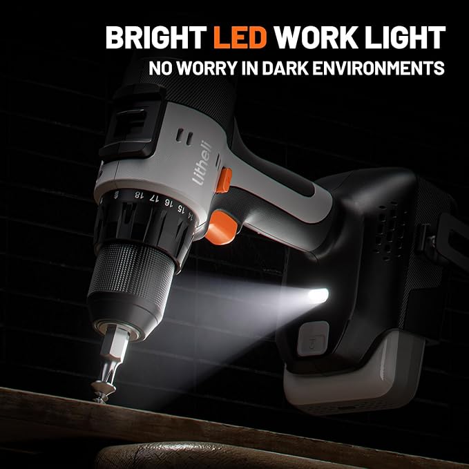 Litheli 20V Cordless Drill Driver Set, Electric Power Drill with 2 Variable Speed Settings, 1/2 Inch Keyless Chuck, 21+1 Clutch Settings with Maximum Torque of 443 In-lbs (Charger not Included)