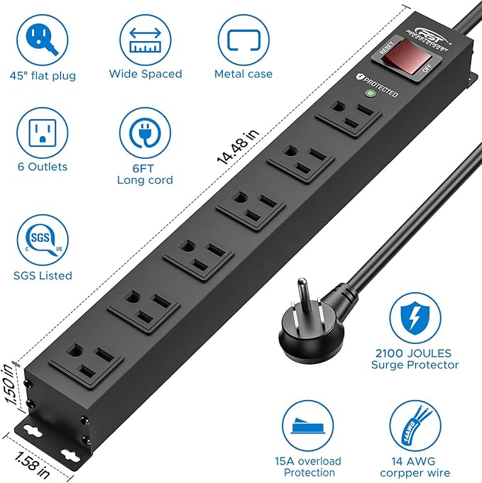 CRST 2Pack 6 Outlet Heavy Duty Power Strip with Switch, 15A/1875W Metal Mountable Power Strip Surge Protector 2100Joules, Wide Spaced Power Bar for Garage Worshop Home School, 6 FT Cord(Black)