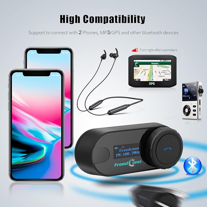 FreedConn TCOM SC Motorcycle Helmet Bluetooth Headset, Motorcycle Communication Systems with LCD Screen, CVC Noise Cancellation, Stereo Music, 3 Riders 0.5mi/800m 12Hrs Intercom, IP65, 1 Pack