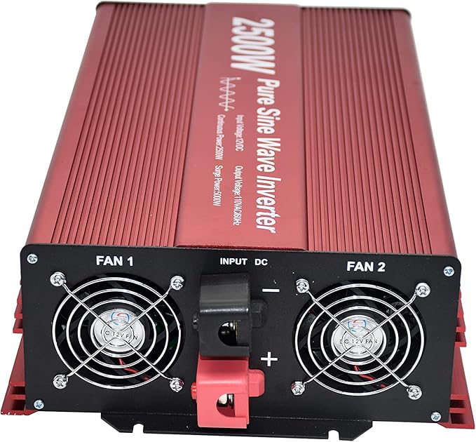 2500W Pure Sine Wave Inverter 12V to 120V AC with 2 AC outlets, DC5V 2 Amp USB Output, LCD Display Wire Remote kit and Heavy Duty Battery Cables.