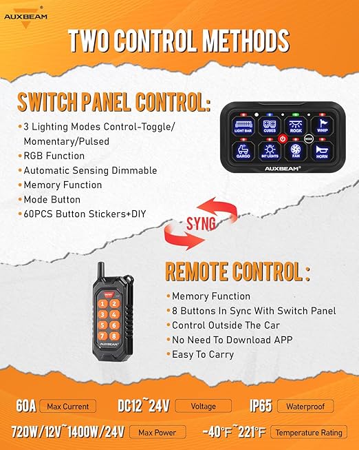 Auxbeam RC800 8 Gang Switch Panel RA84 RGB Wireless Remote Control Up to 165FT Range Automotive Switch Pod Featuring 3 Lighting Modes Backlit Off Waterproof for Car Boat Truck RV 2-Year Warranty