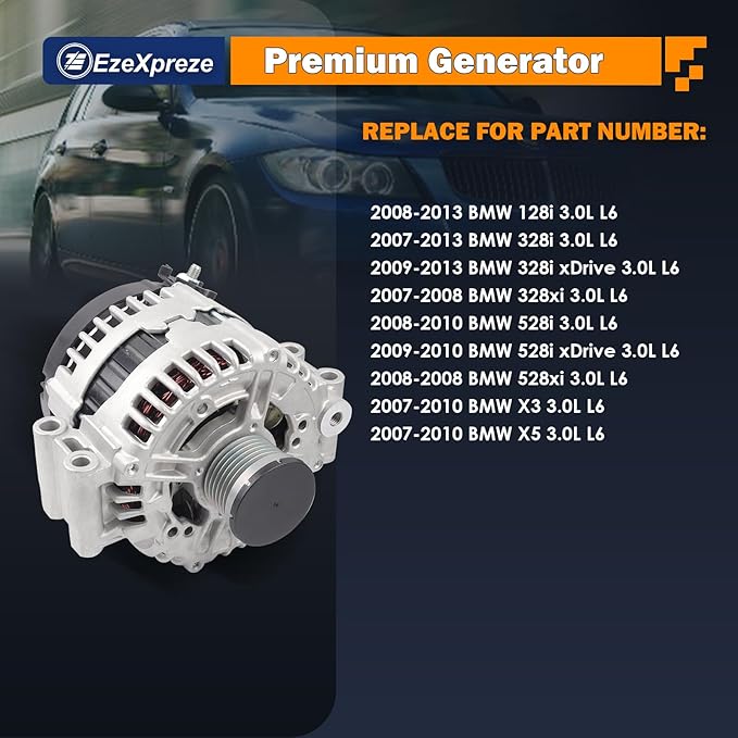 EzeXpreze Alternator for BMW 128i 2008-2013, 328i 2007-2013, 328i xDrive 2007-2008, 328xi 2008-2010, 528i 2009-2010, 528i xDrive 2008, 528xi 2007-2010 X3 X5, 3.0L L6, OE #12317555926 12317551256