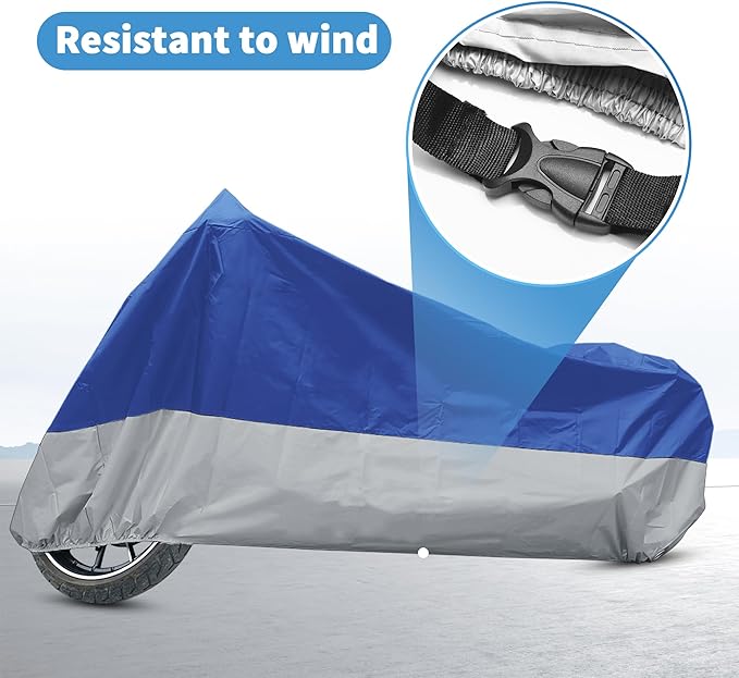 X AUTOHAUX Motorcycle Cover for Harley Davidson for Honda for Suzuki All Season Waterproof Sun Outdoor Protection Motorbike Cover Fits Up to 96.46'' Motorcycles Cover XL Blue Silver Tone