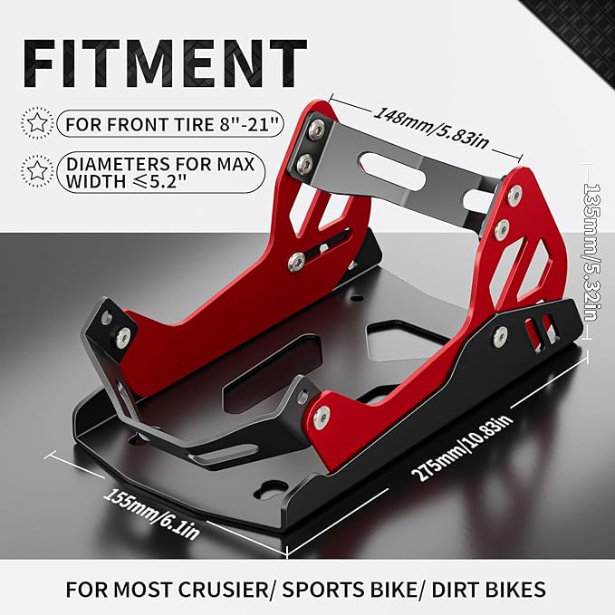Motorcycle Wheel Chock,Special for Transportation Portable Adjustable 1800 lbs Capacity Front Tire Stand for 8"-21" Wheel Universal for Most Crusier Sports Dirt Bikes Trailer Truck-Red
