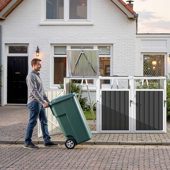 7.3' x 2.7' Metal Storage Shed Outdoor, Waterproof Garbage Can Enclosure for Three 50-Gallon Cans, Perfect for Garden, Backyard, Poolside and Lawn