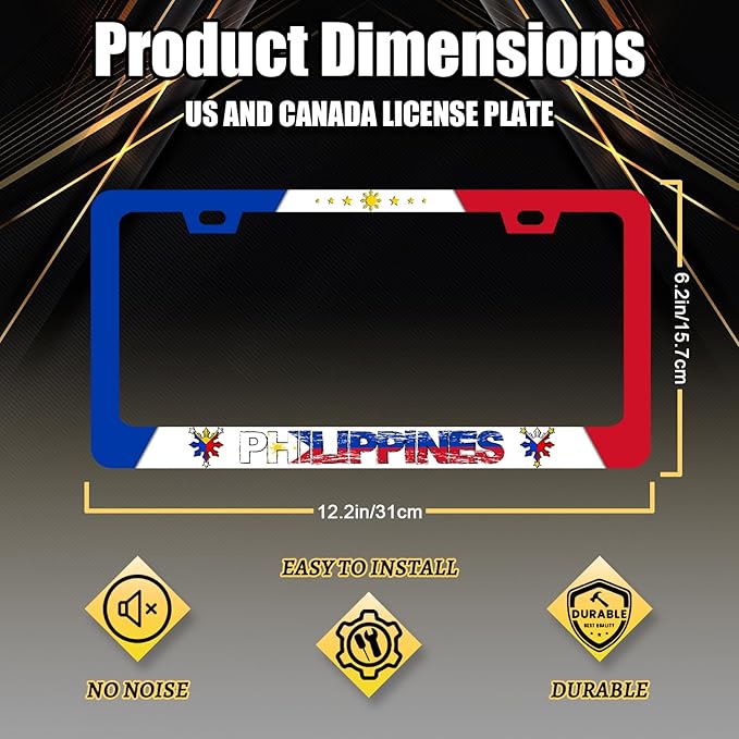 Philippine Flag License Plate Frame Philippines License Plate Stainless Steel Flag Funny Accessories Cars Decor 12.2 X 6.2 Inch with 2 Holes and Screws Fits Standard Us Ca Vehicles