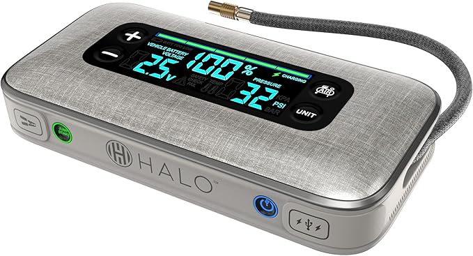HALO Bolt Ultimate 3 Portable Car Battery Jump Starter | 130 PSI Air Compressor, 55.5Wh USB Power Bank, Large Display, Emergency Floodlight & Charger, Jumps Cars SUVs & Trucks, Inflates Tires — Silver