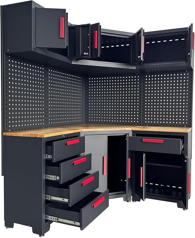 Corner Workshop Set - 10-Pcs Garage Cabinets and Storage System with Corner Cabinet, Cabinet Drawers, Workbench, Pegboard for Tool Organization, Red and Black