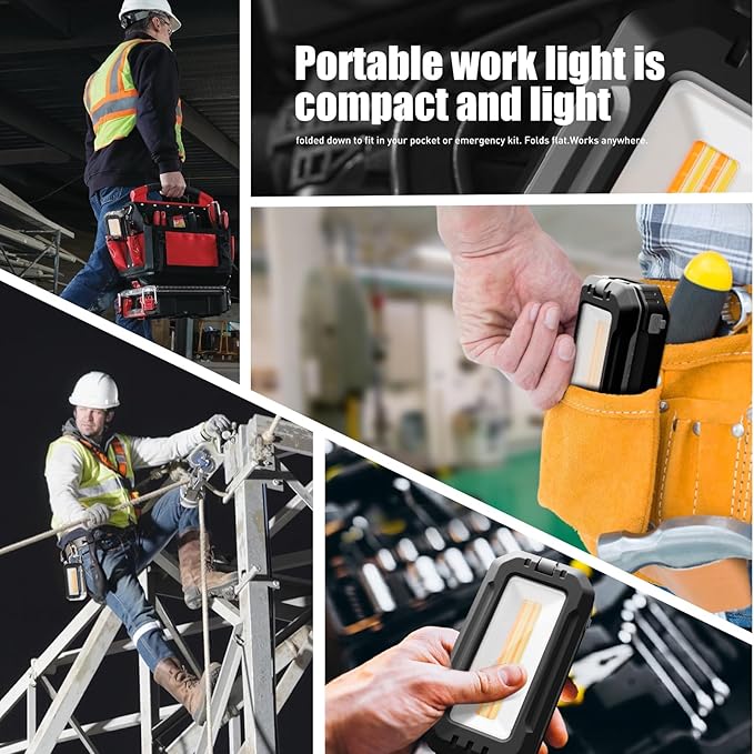 Rechargeable Work Light with Magnetic Base, 1200 Lumens LED Work Light, Portable Magnetic Work Lights with Hook Mechanic Light for Job Site, Workshop, Emergency and Camping