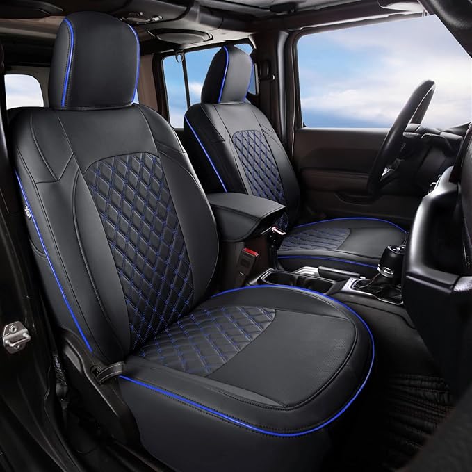 GIANT PANDA Fit Full Set Car Seat Covers for Jeep Wrangler 4 Door JL Sahara Sport Rubicon Unlimited Willys 2018 2019 2020 2021 2022 2023 2024 2025 Without Rear Cup Holder,Faux Leather - (Black+Blue)