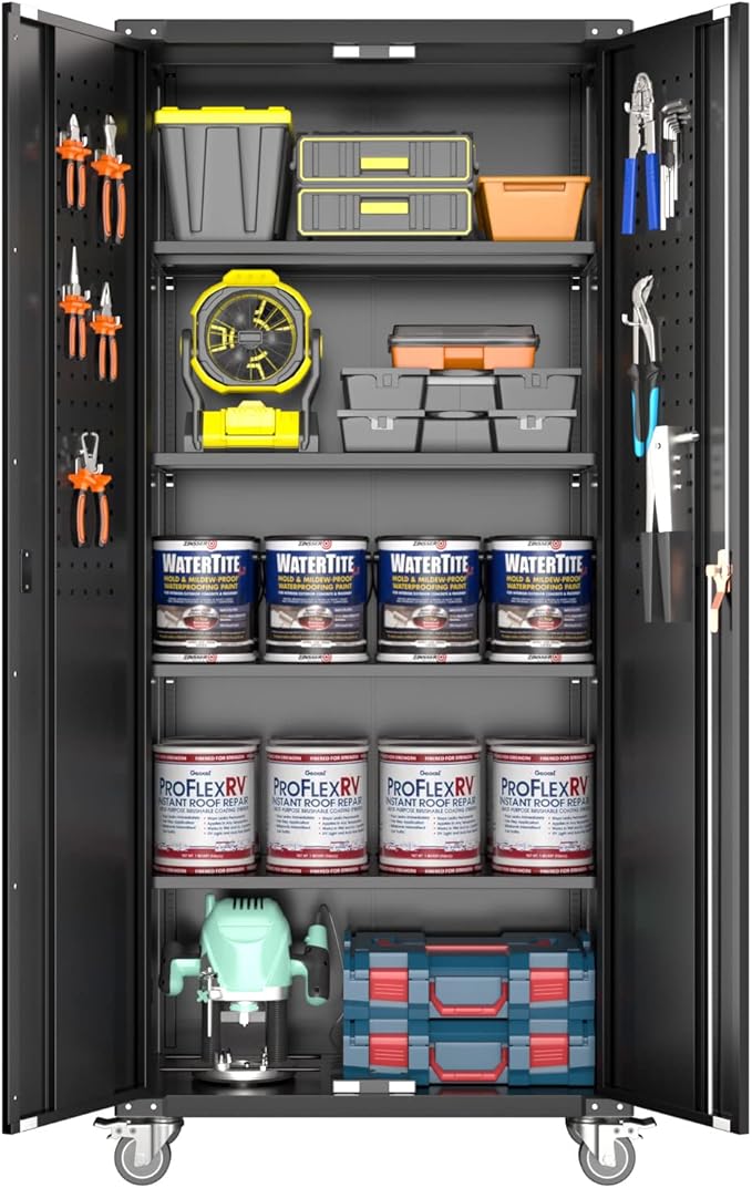 72" Metal Storage Cabinet with Wheels and Pegboard, Lockable Rolling Steel Storage Cabinet with 4 Adjustable Shelves and Door for Garage, Office, Kitchen, Assembly Required