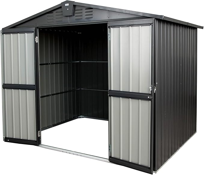 IKERY Galvanized Steel Storage Shed - 8.2' x 6.2' with Lockable Door, Large Metal Garden Shed for Bikes, Trash Cans and Outdoor Storage, Suitable for Backyard and Patio, Dark Gray