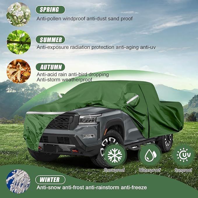 BOSSTONE Car Cover Custom Fit for Nissan Frontier (1998-2020) King/Crew Cab Short Bed Waterproof All Weather for Automobiles Full Exterior Cover Rain Sun Snow Protector with Door Zipper (Green)