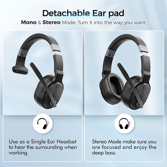 Trucker Bluetooth Headset with Dongle, Wireless Headsets with Noise Cancelling Microphone, 50+Hrs HD Talktime Bluetooth Headphones with Detachable Earpad/Single+Dual Mode for Office/Driving