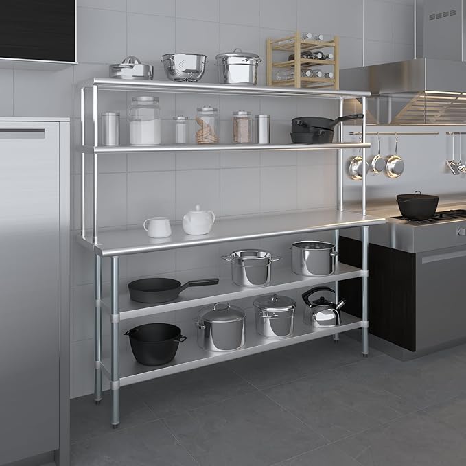 Amgood Stainless Steel Work Table with 2 Shelves | Metal Kitchen Prep Table & Shelving Combo (18" x 72" Table with 2 Shelves + 12" Overshelf)