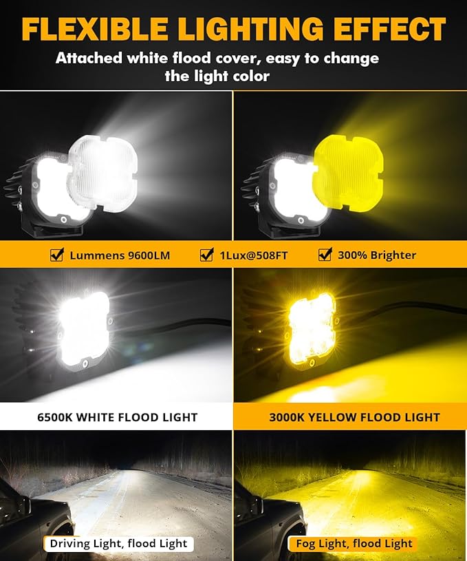 Auxbeam XP-Ultra Series 3 Inch Flood Beam LED Pods, 9600LM White Offroad Driving Lights 120° Wide Flood Lights 80W Fog Ditch Light Bar with White Amber Light Covers, Pair