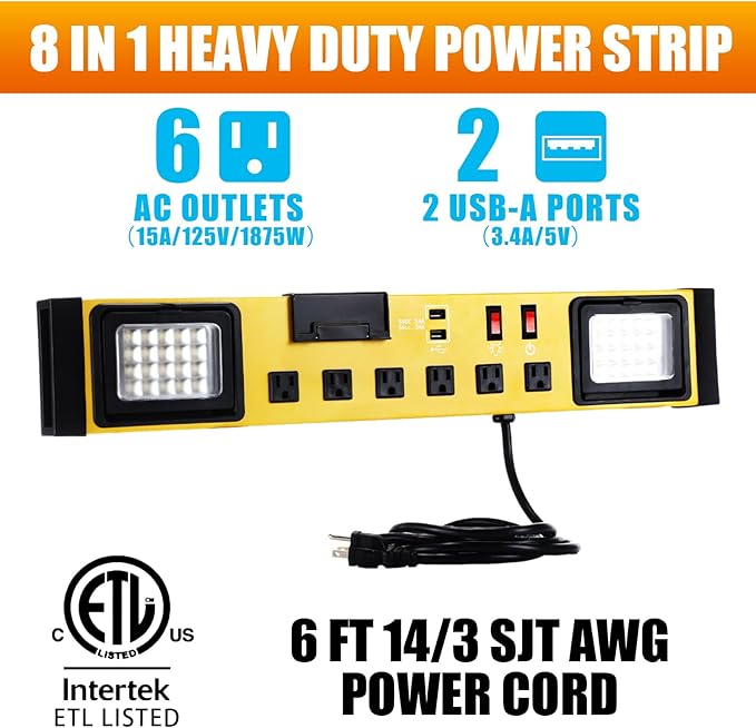 6 Outlets Power Strip with LED Worklight, Metal Heavy Duty Wall Mount Workbench Power Strip with 6FT 14/3 AWG Cord, 2 USB Ports, 15A Circuit Breaker for Home Office Garage Workshop