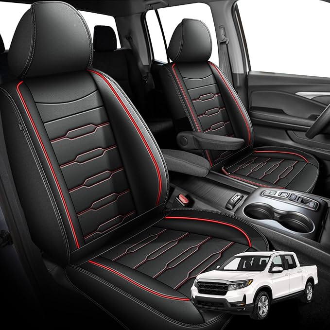 Seat Covers Fit for Honda Ridgeline 2006-2024 2025: Crew Cab 5 Seats Car Seat Covers Faux Leather Truck Pickup Seat Cushion Protector - Front Seats with Armrests(Full Set, Redline)
