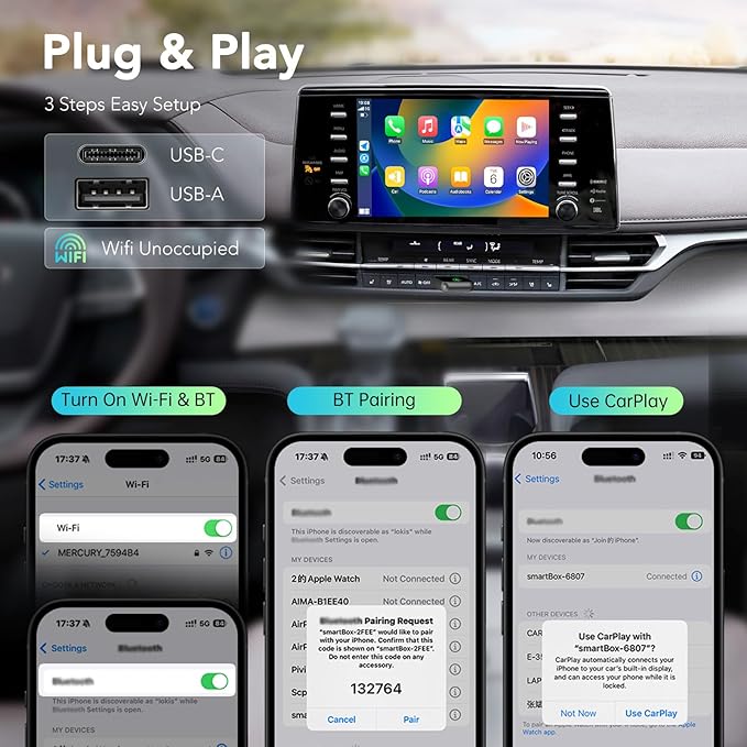 Wireless CarPlay Adapter for iPhone, 2025 Carplay Wireless Adapter for Apple & Android Auto (2016+ Models), Compatible with Cars with Factory Wired Carplay, Car Play Dongle with USB/USB-C (Dark Grey)