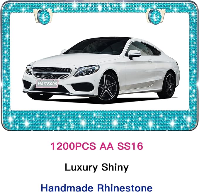 2 Pack License Plate Frames for Women, Sparkly Rhinestone Diamond Car Accessories with Glitter Crystal Caps (Blue（2PCS）)