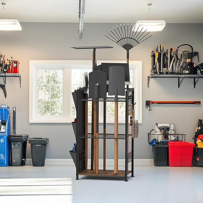 YBING Garden Tool Organizer, Yard Tool Stand with Side Storage Pockets, Yard Tower Rack for Garage Storage, Freestanding Tools Organizers and Storage for Shed, Brown