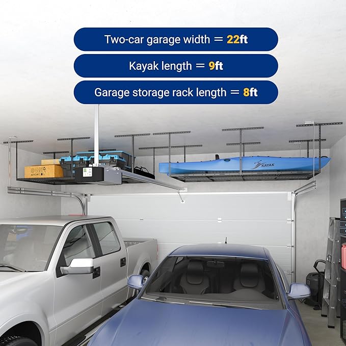FLEXIMOUNTS 4x8 Overhead Garage Storage Rack, Adjustable Organization System, Heavy-Duty Metal Ceiling Racks, 600lbs Weight Capacity, Hammertone