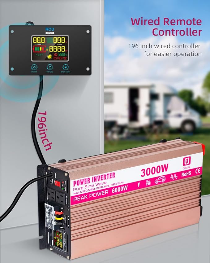 CEJIA Power Inverter 3000W Pure sine Wave ac car Inverter Peak 6000watt 12V DC to 110V 120V AC with led Display,Remote Controller,Dual AC Outlets and 2x2.4A USB Ports for RV,Solar System Emergency