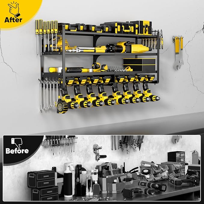 Large Power Tool Organizer Wall Mount,4 Layers Heavy Duty Metal Loads 400lbs,Power Tool Shelf Battery Storage with 8 Cordless Drill Holder,Utility Racks for Garage Workshop