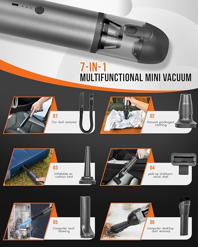 Car Vacuum, Aluminum Alloy V8 Handheld Vacuum Portable, Durable Cordless Vacuum with 16000PA Suction Power, Easy to Clean, Vaccum for Car, Office Desk, Keyboards