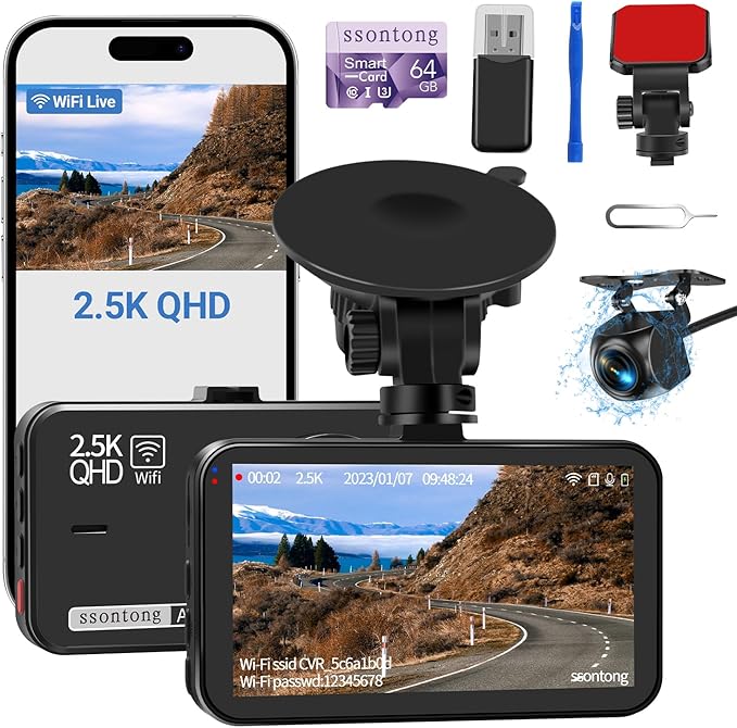 Dash Cam Front and Rear, Dash Camera for Cars WiFi/APP Control Dual Dashcam W/ 64GB Card, 2.5K Dash Cam Front+1080P Rear Car Camera W/Super Night Vision, Loop Recording, G-Sensor, Max Support 256GB