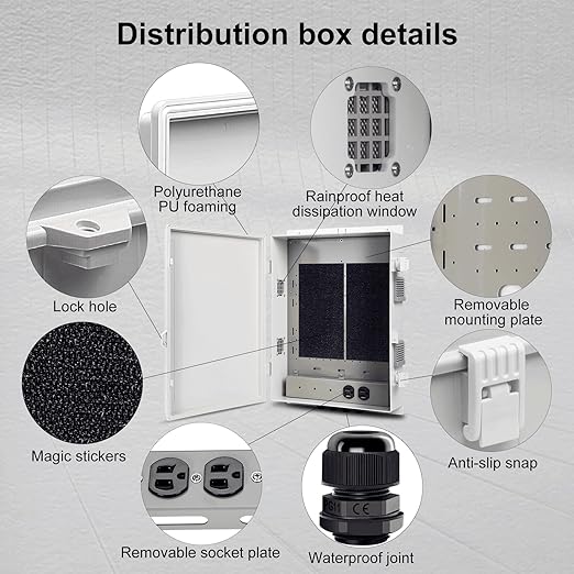 Outdoor Electrical Junction Box with High Power Outlet, ABS Water Resistant Enclosure with Internal Mounting Panel & Hinged Cover. (18.1" H* 12.6" L* 4.3" W & Outlet)