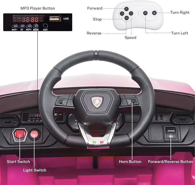 Kids Electric Ride On Car for Kid, 12V Licenced Lamborghini Kids Electric Vehicles with Remote Control, AUX, Spring Suspension, Music, LED Lights, USB Port, Foot Pedal (Pink)