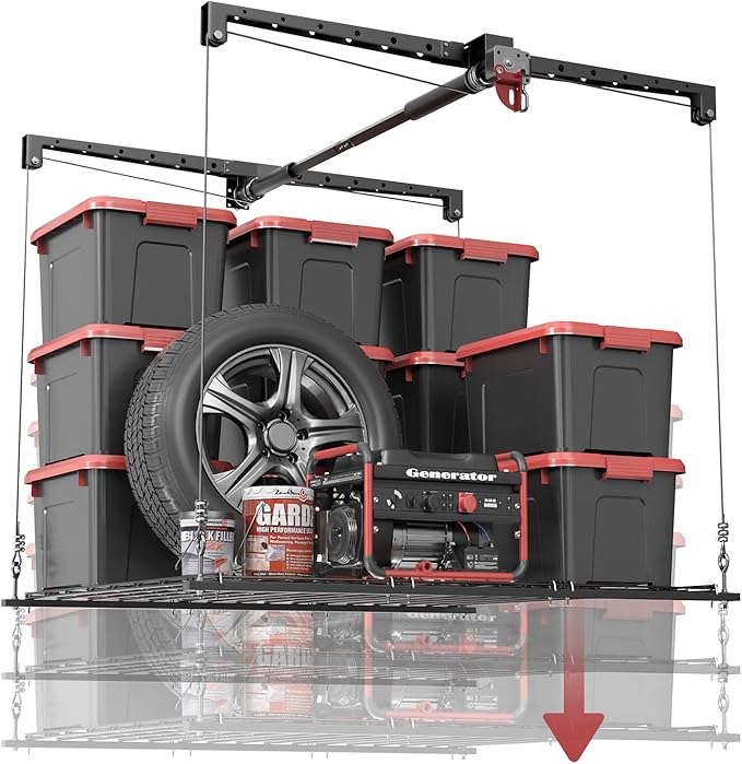 Overhead Garage Storage Lift, Adjustable Heavy-duty 4x4 Ft Ceiling Racks with Safety Lock, Ideal for Storage Lifting Organization System, 250lbs Capacity (Standard Edition)