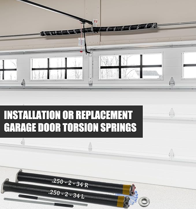 Garage Door Torsion Spring Set, Pair of 2" Electrophoresis Coated Garage Door Spring Replacement with 2 Non-Slip Winding Bars and Bearing, Minimum 16000 Cycles (.250x2x34")