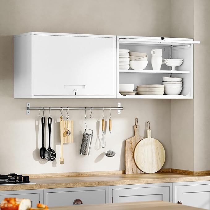 Yizosh Metal Wall Cabinet with Doors and Shelves, Floating Storage Unit for Garage or Basement (White, 21.6" H)