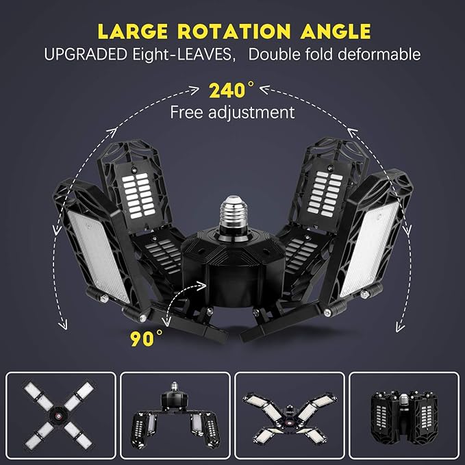 LED Garage Light,Super Bright Screw in E26/E27 Ceiling Shop Work Lamp, 200W 20000 Lumen Deformable Basement Bulb Fixture with 8 Adjustable Panels, Lighting for Workshop, Attic