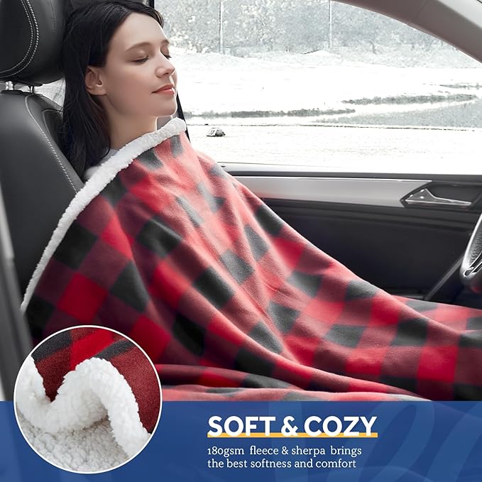 Sealy 12-Volt Heated Car Blanket with 2 Output USB Ports, 3 Heating Levels & 4 Hours Auto Off, Electric Blanket for Car Truck, SUV, RV or Camping, Machine Washable, 59" X 43", Plaid