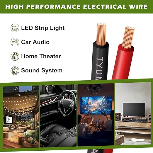 10 Gauge Wire 50FT, 10AWG Red Black Electrical Wire LED Strips Extension Cord 12V/24V DC Cable, 10 AWG 2 Conductors Flexible Low Voltage Wire for in-Home, Autos, Speaker use