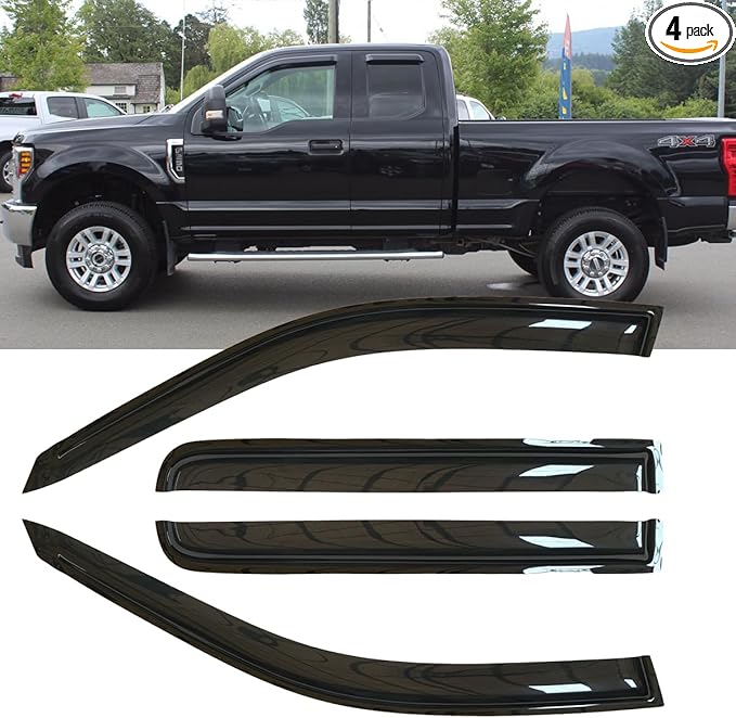 4pcs Original Shatterproof Outside Mount Style Side Window Visor Deflector Rain Guard Vent Window Visors for 97-03 F-150 97-99 F-250 Light Duty Super/Extended Cab with 2 Half Rear 94808