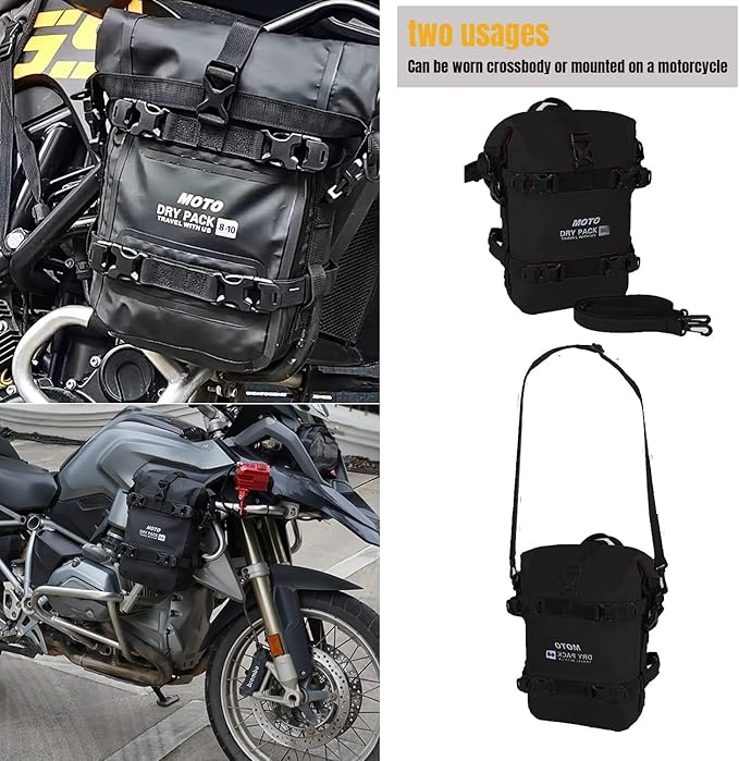 Motorcycle Tail Bag Front Bumper Bag, 10L Roll-top Waterproof Motor Saddle Panniers Luggage Bags for Motorcy-Black(10L)