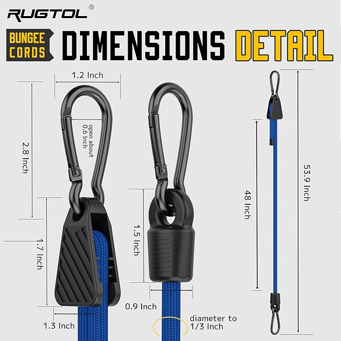 Bungee Cords with Hooks, 48 Inch Adjustable Blue Bungee Cords with Carabiner Heavy Duty Outdoor, 8mm Thick Easy to Adjust Bungee Rope UV Resistant for Truck Bed, Bike Rack, Trash Can, Moving, 6 Pack